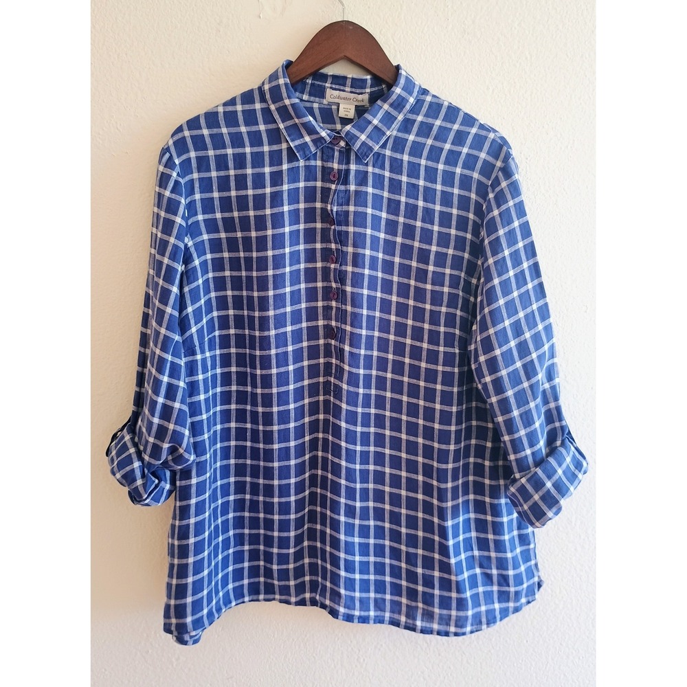 Coldwater Creek Blue White Plaid Linen Tunic Shirt 2X Roll Tab Sleeve Preppy
